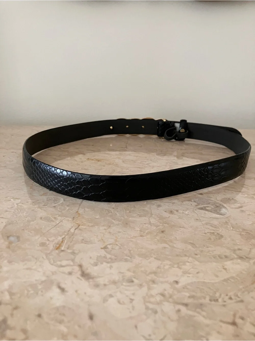 Black Faux-Snakeskin Belt with Gold Chain Link Buckle - 32 inches